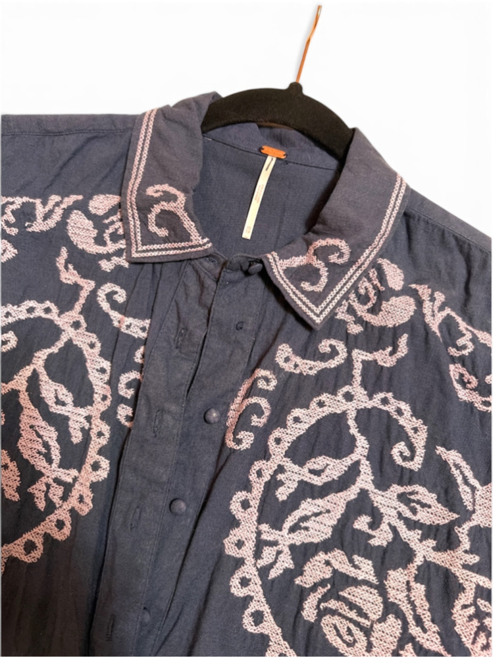 Free People Summer Love Button Down Shirt XS Blue Pink Embroidered Floral - Picture 3 of 4